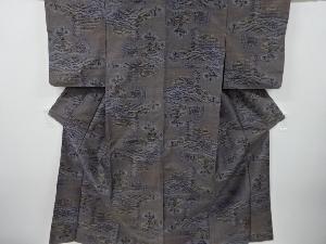 アンティーク　寺塔模様織り出し十日町紬着物